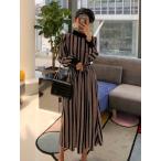 ショッピングニットワンピ ワンピース ロング丈 ストライプ ニットワンピ ハイネック 長袖 ゆったり レトロ バルーン袖 シック　