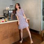 花柄 ワンピース 半袖 ミニ丈 パフスリーブ 前ボタン Vネック フェミニン ガーリー 大人可愛い 大人女子