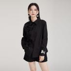  простой блуза длинный рукав складывать воротник стиль оригинал черный 