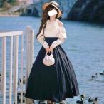 クラロリ オフショル ドッキング ハイネック ロングワンピース リボン 3color