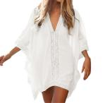 女性 カフタン ビキニ カバーアップ ミニバット スリーブ ドレス Vネック 水着 ビーチウェア