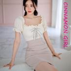 ショッピングLuxury 【PREMIUM】【最高級★LUXURY STYLE】【全1色】パフ袖リボンタイトミニワンピース　アイボリー×ピンク S/M/L【250915op3】(nani)(250915)