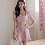 【PREMIUM】【最高級★LUXURY STYLE】【全2色】千鳥格子フレアミニワンピース ピンク グリーン S/M/L【tweed-n082202lux】( mja )(241007)