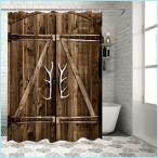 新品Z&amp;L Home Country Rustic Wooden Gate with Antler Handles Shower Curtain Vintage Wood Garage Barn Door Decor Fabric Bathroom Set with Ho