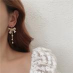 リボンパールロングピアス＆イヤリング 韓国アクセサリー