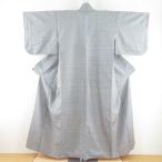 紬 着物 琉球花織 格子文様 浮き織 袷 広衿 灰色 正絹 カジュアル着物 仕立て上がり 身丈153cm