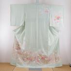 ショッピング着物 訪問着 薄緑色ｘピンク色ｘ多色 パステル系 箔入り 花草紋様 広衿 正絹 仕立て上がり着物 身丈160cm