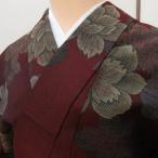ウール着物 エンジ地 花柄 広衿 身丈約4尺1寸2分 肩身丈約156.5cm 普段使い #1001【キモノオフ】