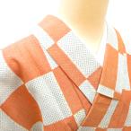 ウール着物 単衣 白 緑×オレンジ カラシ 市松柄 バチ衿 カジュアルきもの 普段着物 ウールきもの 仕立て上がり 和洋ミックス 身丈148.2cm