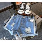 半ズボン ハーフパンツ ショート デニム サイドライン クラッシュ ダメージ 韓国系子供服 キッズ 女の子 2021 春 夏 カットオフ