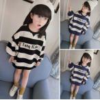 韓国系子供服 トレーナー ワンピース スウェット 薄手 ボーダー ロゴ キッズ 女の子 2019 春