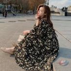 ワンピース レディース 40代 花柄 シフォン 長袖 マキシ丈 ゾンチー 春秋の通勤や結婚式にも映える VネックAラインのきれいめ着痩せワンピース