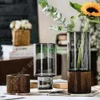 ショッピング花瓶 花瓶 ガラス フラワーベース 花器 木製スタンド 北欧風 透明 ガラス花器 シンプル モダン ガラス花瓶 おしゃれ 円柱型 シンプル 花びん モダン 置物