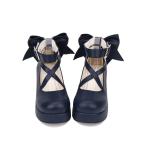 スウィートロリータシューズボウステッピーバックルウェッジヒールホワイトロリータシューズ