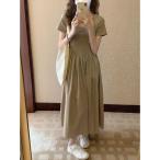 ロングワンピース ドッキングワンピース カットソー 半袖 スクエアネック ストレッチ 伸縮性 切り替え ギャザー ドッキング ロング丈 カジ
