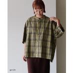 ショッピングprit プリット prit 16/1 リネンコットンチェック5分袖スタンドカラービッグシャツ レディース P81607