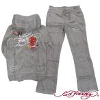 エドハーディー レディース 刺繍 長袖 ベロア セットアップ Ed Hardy DEVIL グレー  ファッション ハイブランド カジュアル スタイル パーカー セール