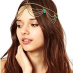 [XPデザイン] チェーン ティアラ ボディチェーン シャイニング ヘア ジュエリー ヘアバンド 髪飾り (ターコイズ ゴールド)