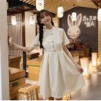 ロリィタ服 夏半袖ワンピース 2色 チャイナ風 中華ロリータ 無地 森ガール系 膝丈 フリーサイズ ゆったり 大きめ かわいい 撮影 コスプレ衣装 仮装 二枚送料無料