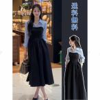 送料無料 フェイクレイヤード シャツワンピ ロングワンピース 長袖 ロング シャツ レディース 切替  Aライン 折襟 無地 ミモレ丈 大きいサイズ 着痩せ