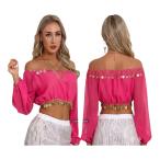  розовый длинный рукав Berry Dance tops блуза монета бисер имеется boli дерево Индия танцы jipsi- Dance stage костюм свободный размер 