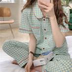 パジャマ レディース 夏 半袖 半ズボン 長ズボン ワンピース チェック柄 ルームウェア 前開き 薄手 折り襟 ショットパンツ 寝巻き 2点 上下セット 部屋着
