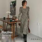 ワンピース パフスリーブ スリット レディース フレア ロング 長袖 パフ袖 タイト  マキシ 小花柄 マーメイド カジュアル 大人 きれいめ 春 秋 冬 韓国