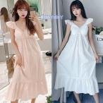 ネグリジェ パジャマ レディース 春夏 半袖ワンピース Vネックルームウェア  レースネグリジェ ゆったりナイトロープ 部屋着 大人可愛い オシャレお姫様風