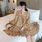 ワンピース レディース 40代 膝丈ワンピース 春夏秋 長袖ワンピース花柄パフスリーブ vネック フレアスカート オシャレチュニック お出かけ 大人 ゆったり