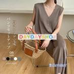 パンツセットアップ レディース サマーニット セットアップ カーディガン 袖なし パンツドレス 春 夏 夏服 上下セットアップ ワイドパンツ