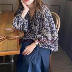 ブラウス レディース きれいめ 40代 秋新作 長袖ブラウス 花柄シャツ パフスリーブ Vネック シフォントップス オシャレカジュアル 韓国風 ゆったり 大人可愛い