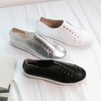 スニーカー レディース シルバー ホワイト 白 ブラック 黒 牛革 婦人靴 シューズ スリッポン 安い シンプル