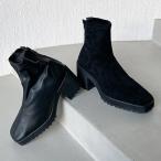 ショートブーツ トラックソール スクエアトゥ バックジップ レディース 太ヒール チャンキーヒール レザー スエード 黒 ブラック 靴 婦人靴 韓国