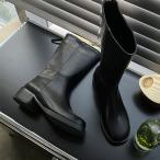 ミドルブーツ オブリークトゥ バックジップ フラット レディース ローヒール 黒 ブラック 歩きやすい 痛くない シンプル カジュアル 靴 婦人靴 韓国