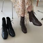 ショートブーツ スクエアトゥ レースアップ サイドジップ レディース チャンキーヒール 太ヒール 黒 茶色 ブラック ブラウン 歩きやすい 靴 婦人靴 韓国