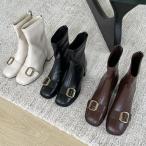 ショートブーツ スクエアトゥ バックジップ バックル モチーフ レディース チャンキーヒール 太ヒール 黒 ブラック ブラウン ホワイト 靴 婦人靴 韓国