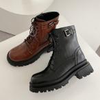 ショートブーツワークブーツレースアップ牛革トラックソール厚底レディース黒茶...