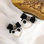 Yahoo! Yahoo!ショッピング(ヤフー ショッピング)ブラックリボン＆ハートピアス ビジュー パール 韓国系 ファッション レディース