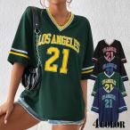 Tシャツ カレッジロゴ Vネック 半袖 配色 ライン ナンバー ロゴ プリント ダンス服 韓国ファッション 大きいサイズ 夏服 ビッグシルエット トップス