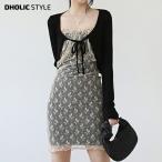 韓国アンサンブル カーディガン リボン ストラップ 長袖 クロップド ワンピース キャミ ミニ レース シアー 花柄 スリム ギャザー セット