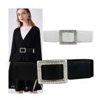 ブラック ホワイト 大きな 幅広 ゴムベルト レディース ベルト キラキラ ラインストーン バックル エレガント トベルト サッシュベルト パーティードレス