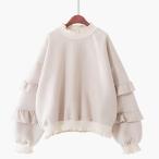 トレーナー レディース トップス フリル 春秋 無地 長袖 ミディアム丈 ハイネック フラワー オーバーサイズ 【 送料無料 】