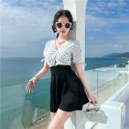 水着 レディース タンキニ 2点セット ビスチェ風 バンドウェア  セパレートブラ フリル ショートパンツ キュロット 体型カバー