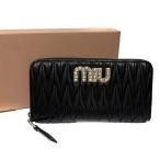 ショッピングMIUMIU MIUMIU ミュウミュウ 長財布 ラウンドファスナー パール ロゴ ブラック レザー