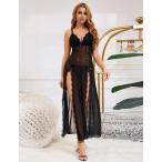 大きいサイズ セクシー ベビードール ロング丈 黒 レース 透け感 メッシュ ナイトウェア Tバック付き ランジェリー レディース ぽっちゃり 3XL対応