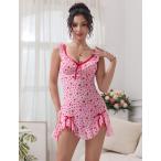 ベビードール セクシー ランジェリー ピンクハート柄 メッシュ フリル 可愛い 大きいサイズ 3XL対応 レディース ナイトウェア