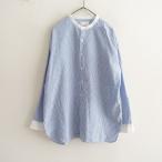 アーメン ARMEN *ノーカラークレリックストライプ長袖シャツ*2ブラウス綿コットントップスブルーホワイト(1-2411-170)【21L42】