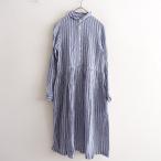 オールドマンズテーラー R&D.M.Co- *リネンマルチストライプギャザーワンピース*M青白長袖シャツワンピース(2-2511-315)【90L52】