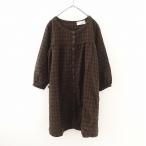 //アーメン ARMEN *ウールチェック柄ワンピース*起毛厚手ドレス切替ギャザーパフスリーブブラウンブラック(27-2401-32)【32A42】