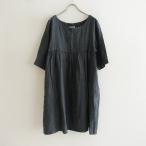 ショッピングARMEN アーメン ARMEN *リネンストライプギャザーワンピース*五分袖ハーフスリーブダークグレー系麻0422【72D22】